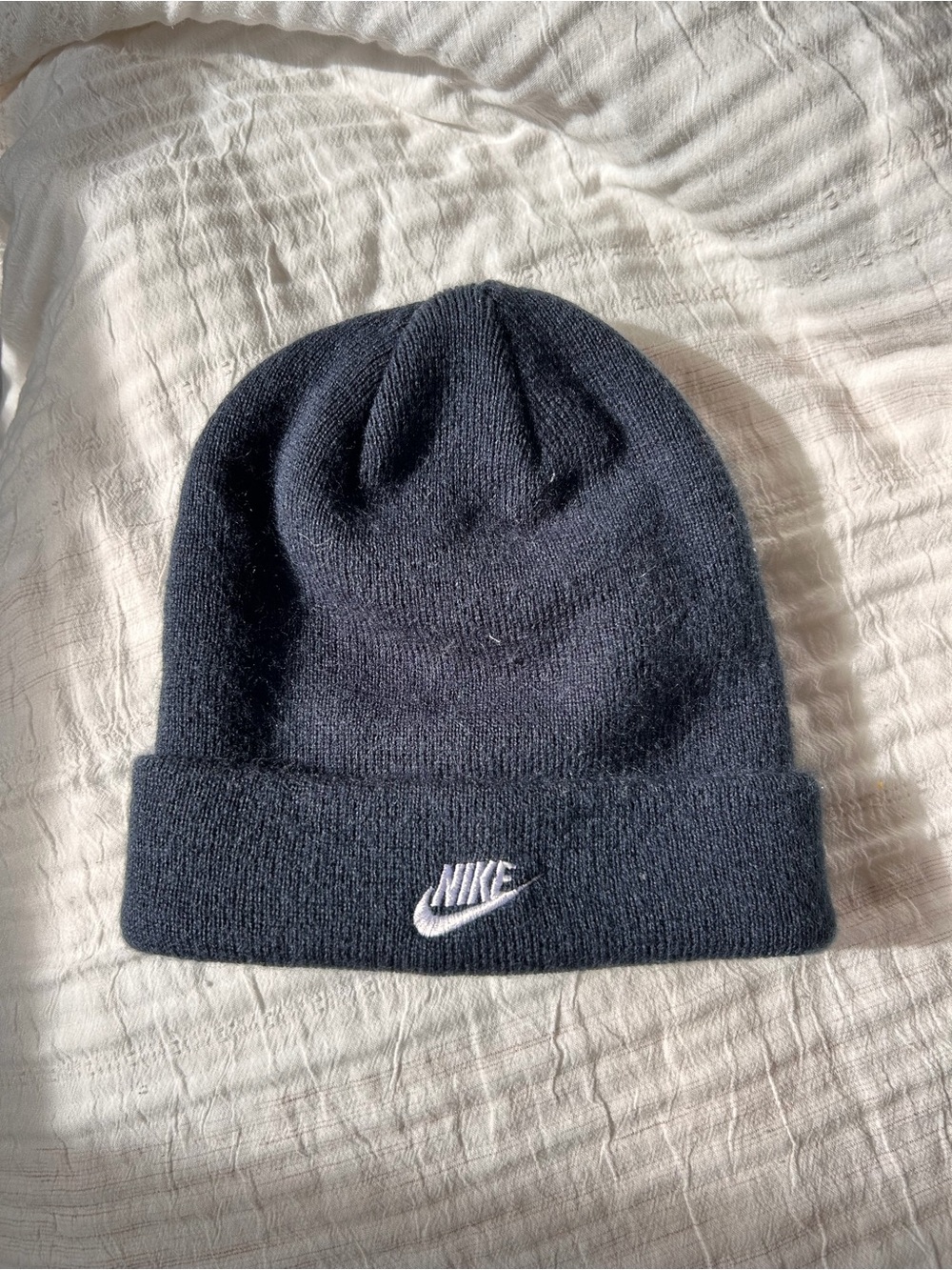 Nike Black Knit Cuffed Beanie with White Swoosh - Youth Sized